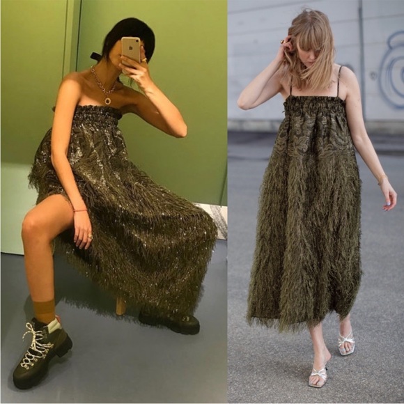 GANNI Faux Feather Embellished Jacquard Midi Dress Kalamata Green - Picture 2 of 9